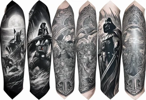 Full arm sleeve tattoo extending from shoulder to wrist featuring characters from Star Wars and the Justice League battling at Helms Deep from Lord of the Rings tattoo idea