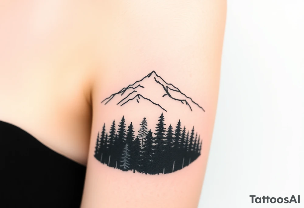 A fine line tattoo where a dense forest of trees transitions into a mountain range, symbolizing the shift from the dark, confusing atmosphere of Exile to the realization and clarity of Out of the Woods. The trees at the bottom are tightly packed, while the mountains gradually spread out and rise, symbolizing a feeling of freedom and escape from emotional turmoil tattoo idea