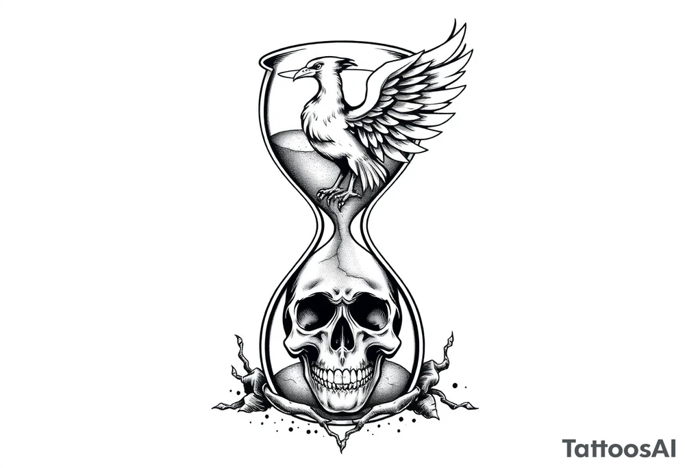 A cracked hourglass with the sands forming a skull below and a phoenix rising from the top. tattoo idea