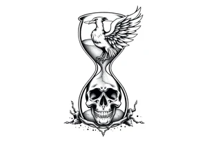 A cracked hourglass with the sands forming a skull below and a phoenix rising from the top. tattoo idea