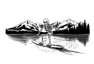 skeleton wakeboarding on lake, mountains in the background tattoo idea