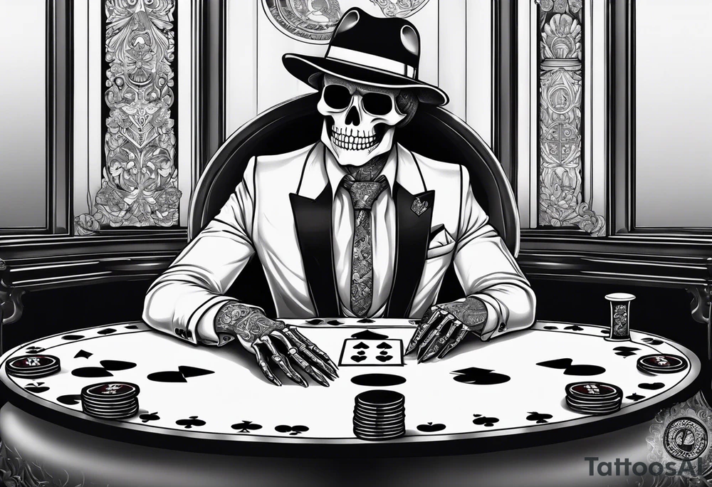 Skeleton in suit, with hat, sitting at the table, holding poker tokens tattoo idea tattoo idea