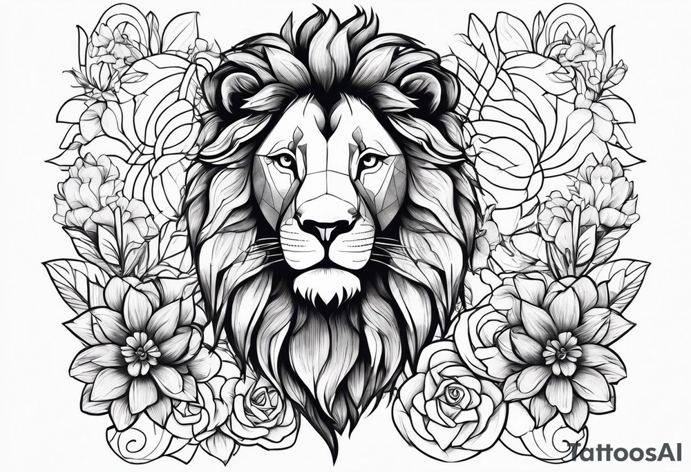 Lion with flowers around tattoo idea