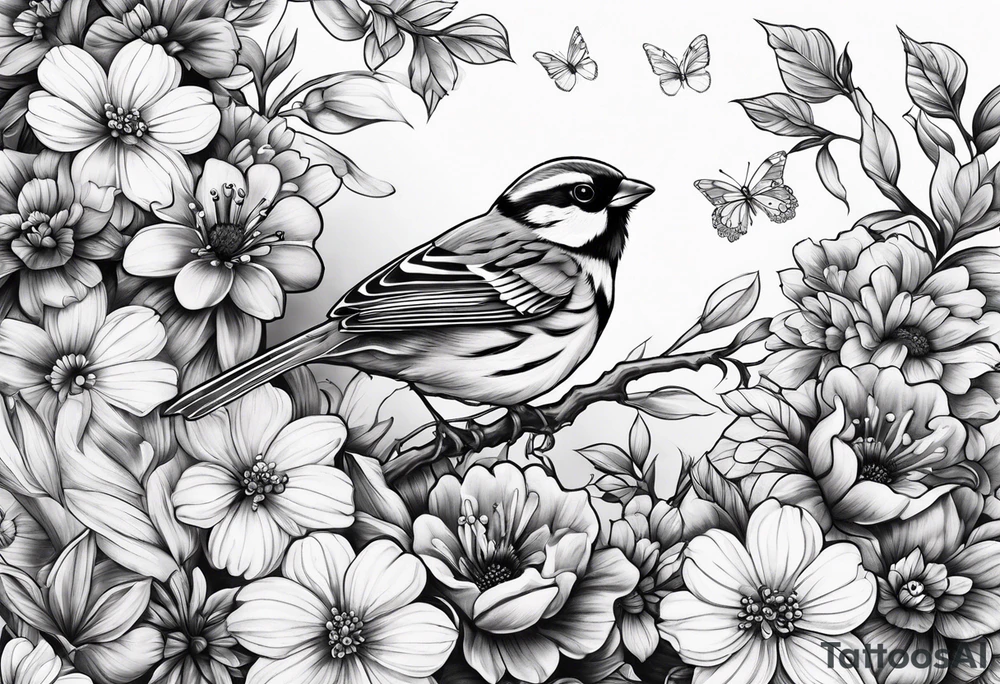 sparrows and butterflies and flowers tattoo idea
