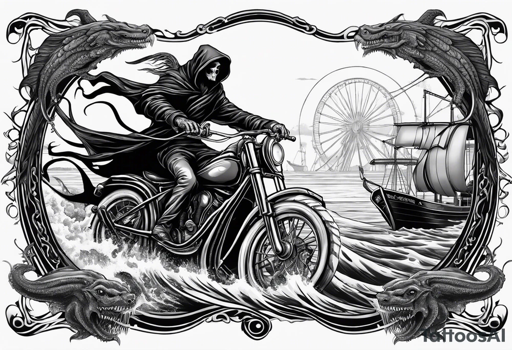 Grim reaper riding a ferry with a kraken in the background tattoo idea