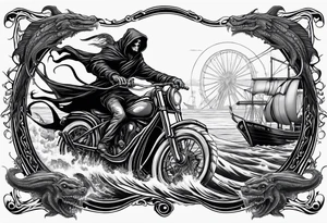 Grim reaper riding a ferry with a kraken in the background tattoo idea