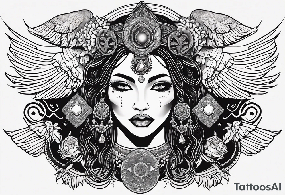 black kali, goddess pirate, alien, angel, pachamama, valkrye, warrior, flying, skull, lotus azul, wing, eagle, zenza resonance, stars, 5D, anahata chakra, death, durga, riding on a tiger, flying lady, kundalini, chest tatoo, rebel tattoo idea