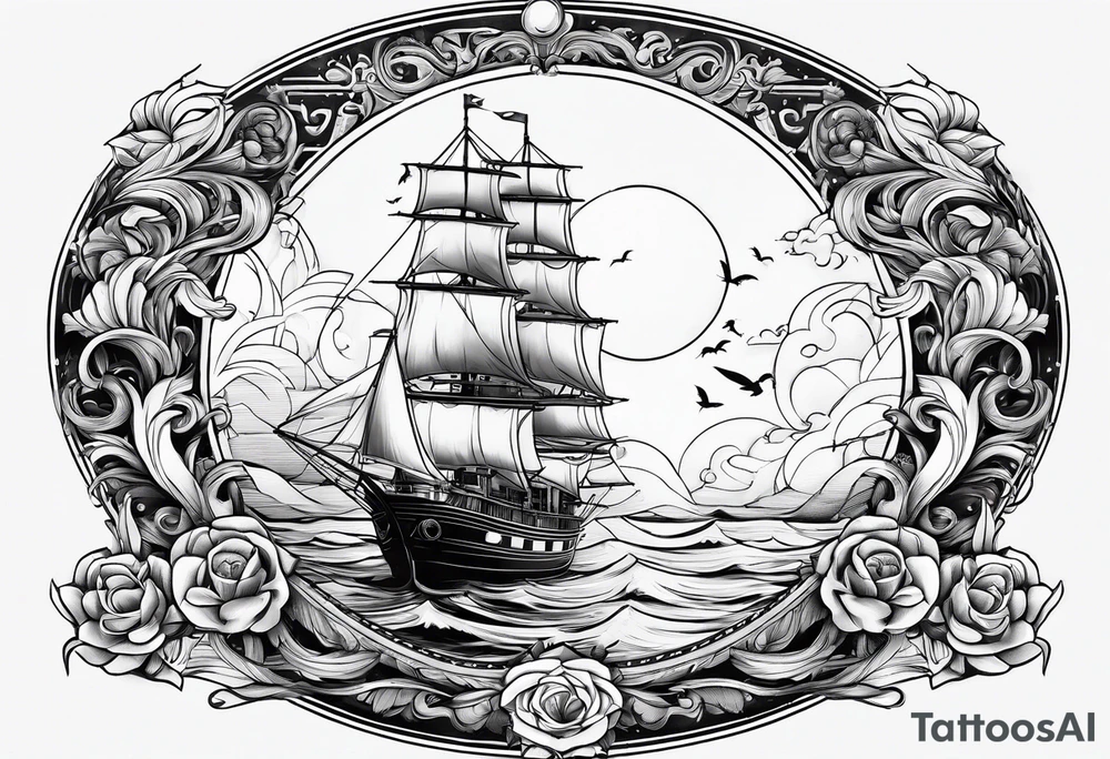 bateau, phare maritime, phoenix et lune bleu. tattoo idea