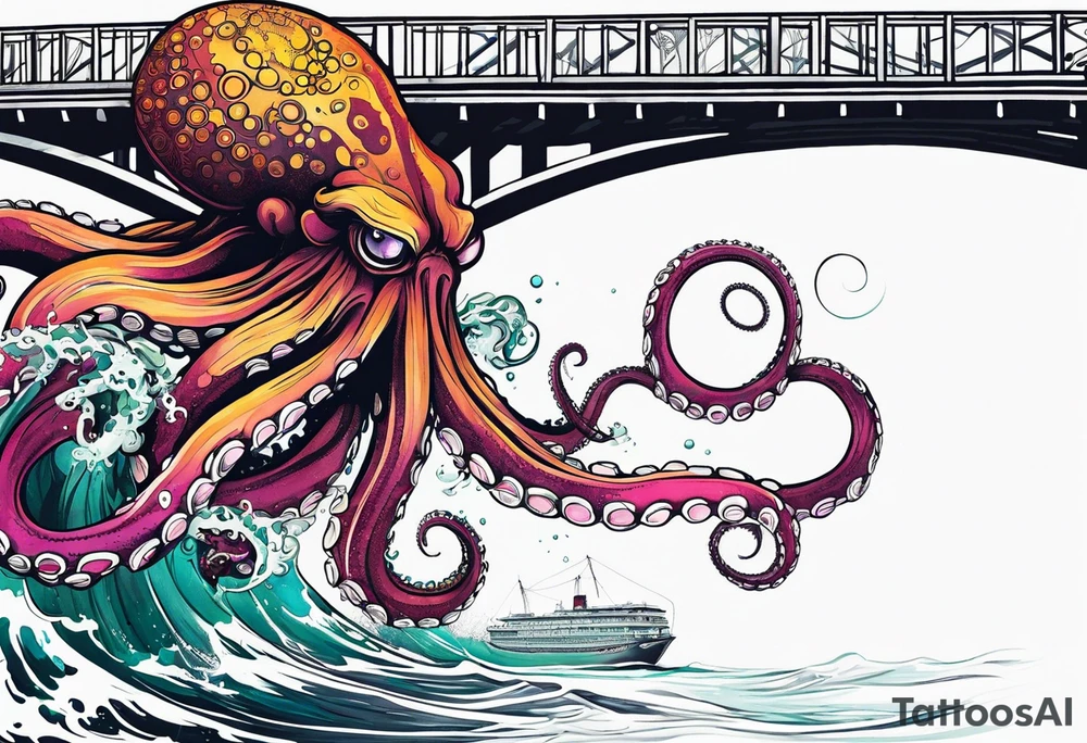 Giant Octopus attacking bridge tattoo idea