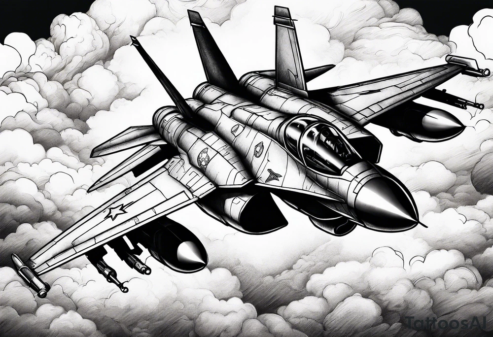 Fighter jet in the clouds with lighting and guns tattoo idea