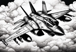Fighter jet in the clouds with lighting and guns tattoo idea