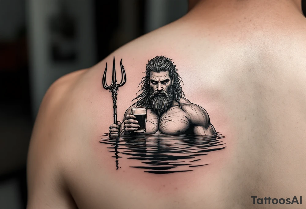 young, fit poseidon in calm water, behind a trident, holding a beer tattoo idea