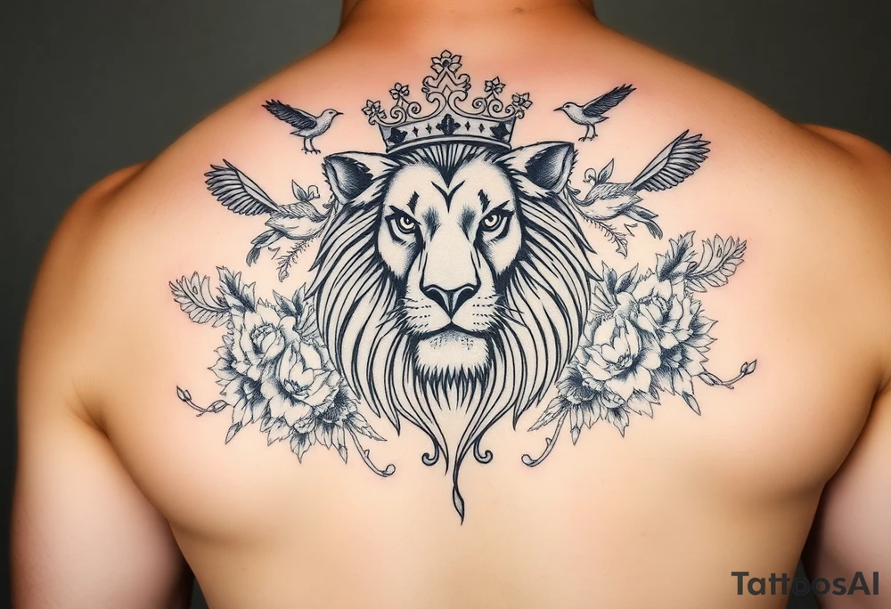 powerful majestic lion with a crown, surrounded by floral ornaments and birds tattoo idea