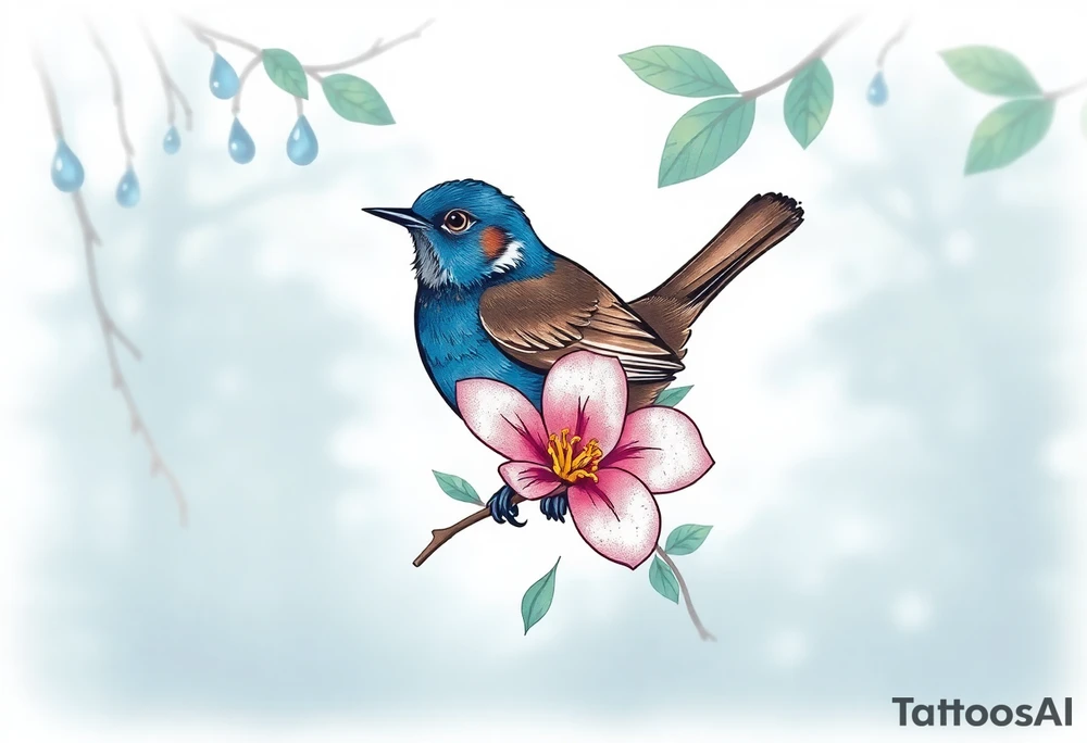 green forest background
blue rain drops
pink camelia flower
blue brown wren bird tattoo idea