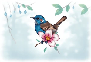 green forest background
blue rain drops
pink camelia flower
blue brown wren bird tattoo idea