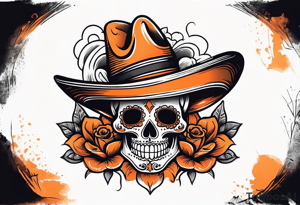 Mexican skull with sombrero with smoke coming out of the bottom orange and black tattoo idea