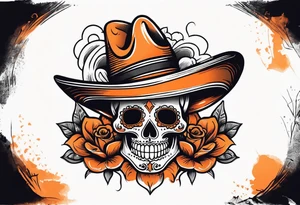 Mexican skull with sombrero with smoke coming out of the bottom orange and black tattoo idea