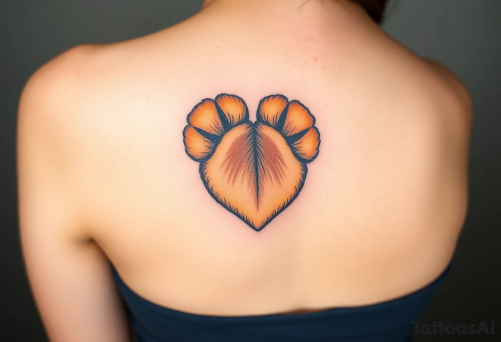 A hyper-realistic dog paw forming a heart, with fine fur details and warm shades of golden brown, caramel, and soft beige for a lifelike effect tattoo idea