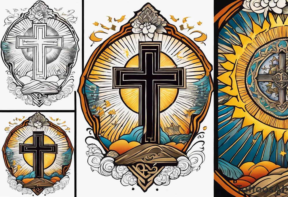 Forearm tattoo cross with rays of sun and doves flying with a Bible verse Jeremiah 29:11 tattoo idea