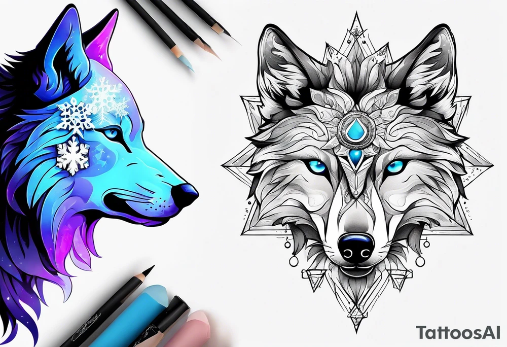 Constellation, two animal alien wolf, snowflake tattoo idea