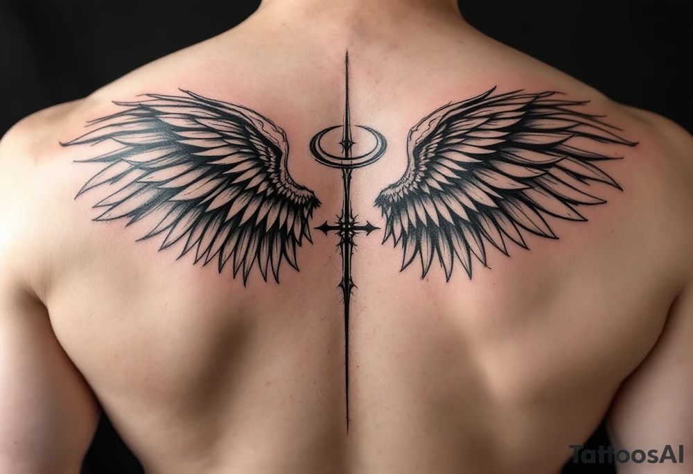 Angel on shoulder with wings going over chest and shoulder blade tattoo idea