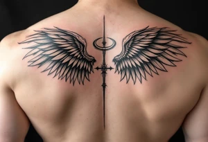 Angel on shoulder with wings going over chest and shoulder blade tattoo idea