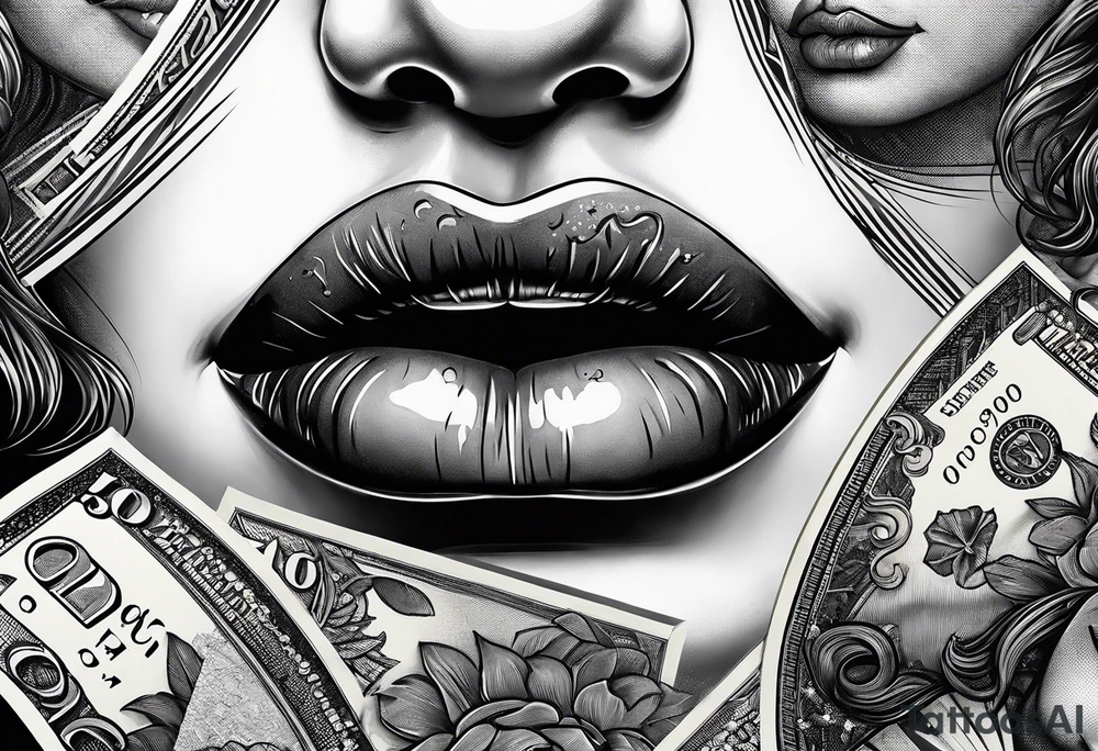 lips biting money tattoo idea