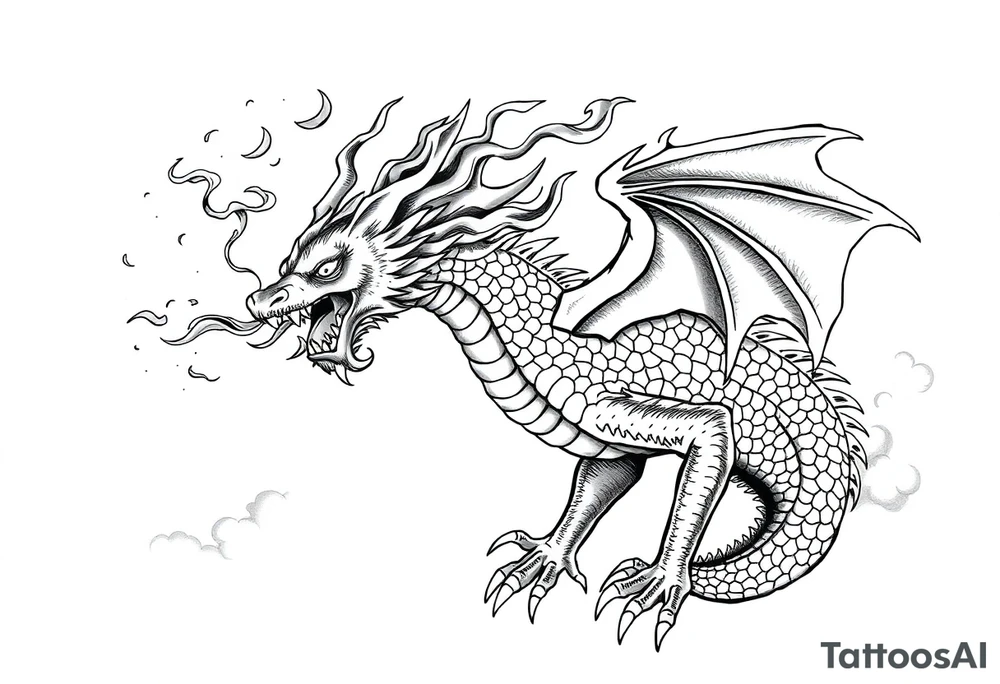 fierce dragon breathing iridescent fire against stormy skies tattoo idea