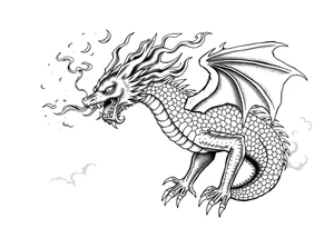 fierce dragon breathing iridescent fire against stormy skies tattoo idea