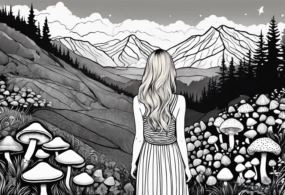 Straight blonde hair girl holding mushrooms in hand facing away toward mountains surrounded by mushrooms circular design black and white striped dress tattoo idea