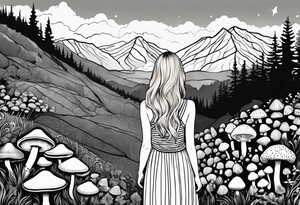 Straight blonde hair girl holding mushrooms in hand facing away toward mountains surrounded by mushrooms circular design black and white striped dress tattoo idea