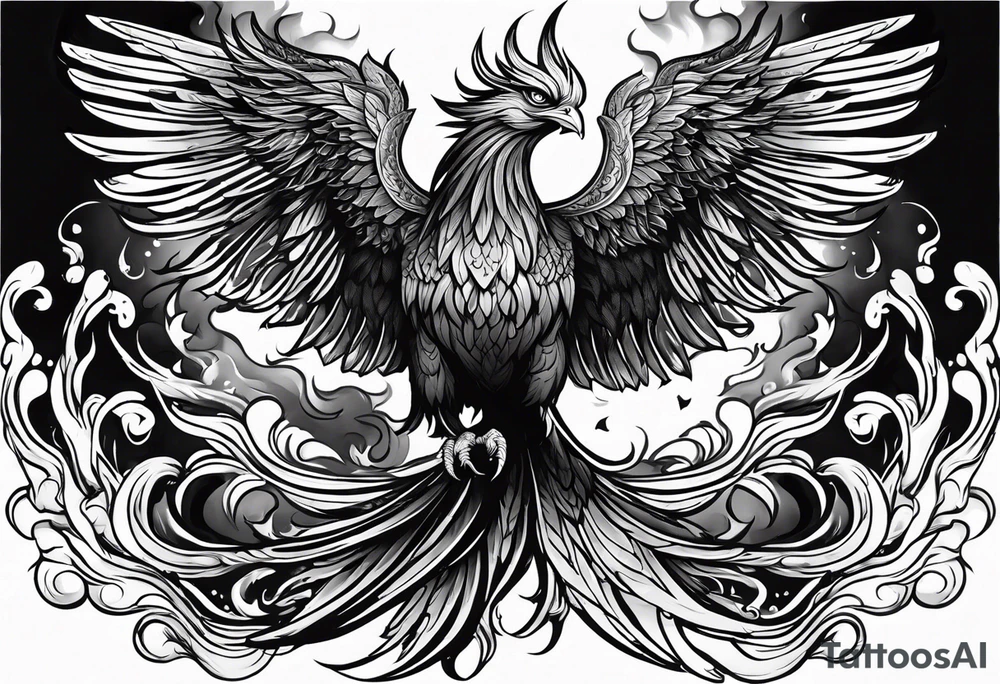 Phoenix rising out of flames slightly on fire with outstretched wings with the word indomabilis between them tattoo idea