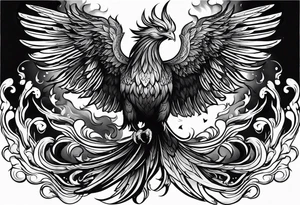 Phoenix rising out of flames slightly on fire with outstretched wings with the word indomabilis between them tattoo idea