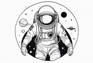 an astronaut hunched over in space from the back holding a planet in his hands tattoo idea