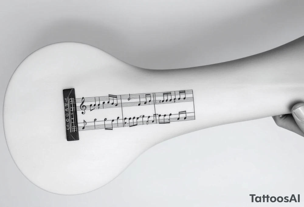Gibson Les Paul full guitar body with the vocal sheet music for the song Distant sun by crowded house printed on the fret board of the guitar with the vocal music and the words to the line  of the song"Seven worlds will collide" tattoo idea