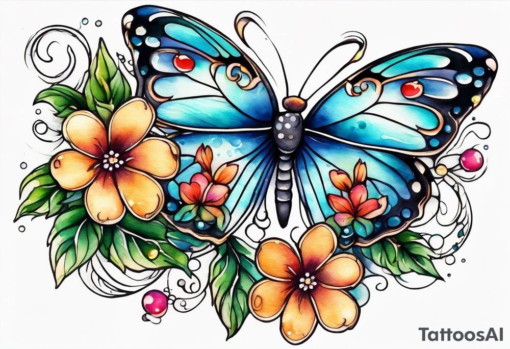 Winding branches and leaves and tiny flowers with a small moth and bubbles tattoo idea