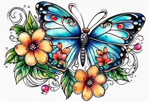 Winding branches and leaves and tiny flowers with a small moth and bubbles tattoo idea