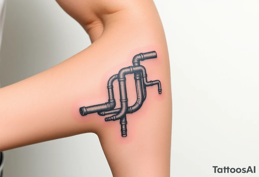 long System of pipes that transitions and transforms into veins of forearm. Top pipe starts closer to the elbow tattoo idea