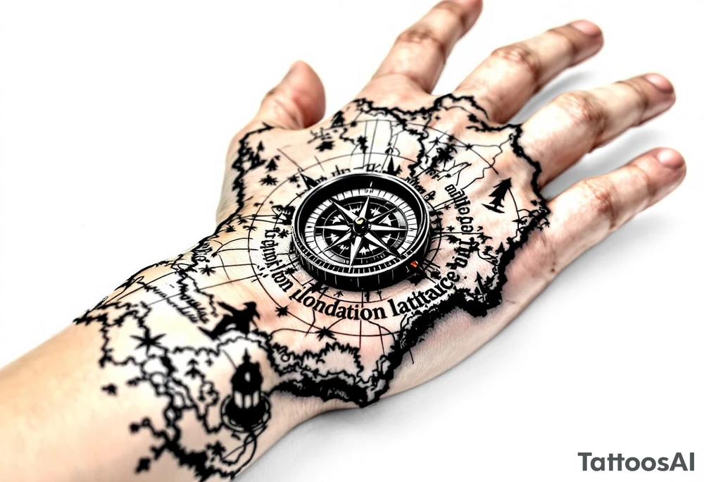 Compass on the hand in the shape of Nigeria with longitude written on the top and latitude written on the bottom. Draw lines from a treasure map connecting from the arm to the tattoo tattoo idea