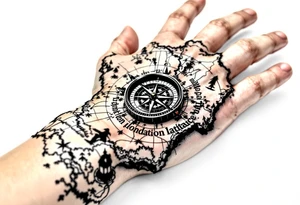 Compass on the hand in the shape of Nigeria with longitude written on the top and latitude written on the bottom. Draw lines from a treasure map connecting from the arm to the tattoo tattoo idea