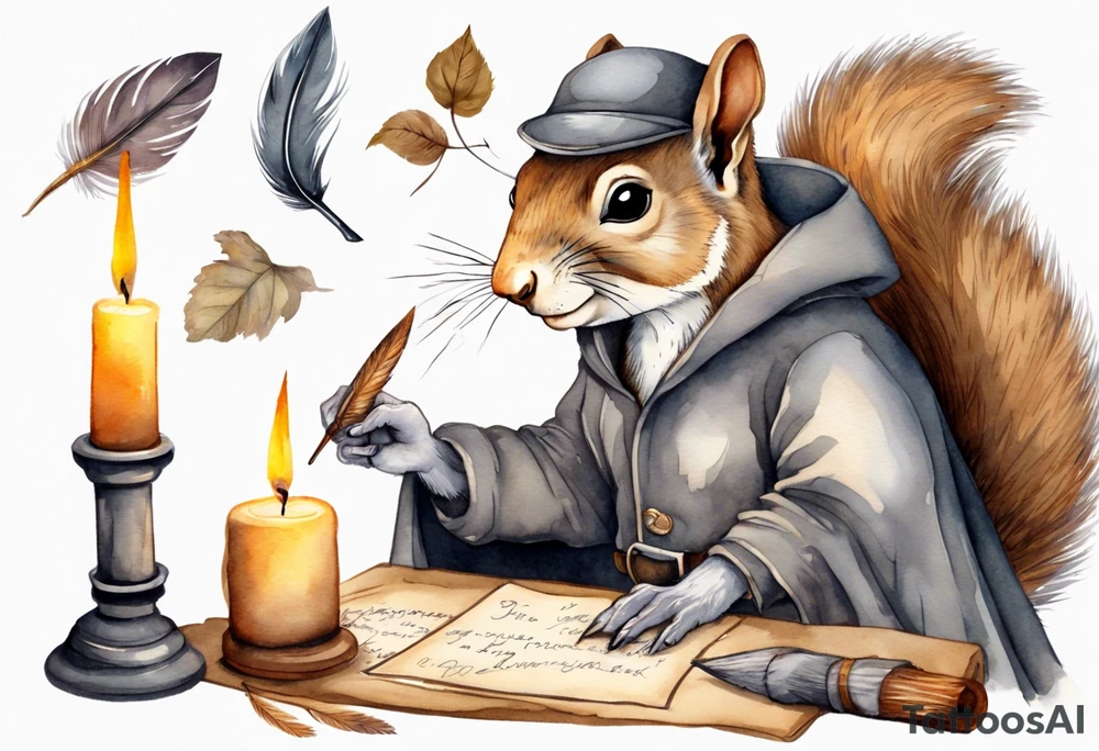 an elderly grey squirrel with a beard dressed in a grey cloak sitting in the dark holding a feather quill writing a letter by candlelight tattoo idea
