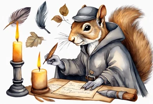 an elderly grey squirrel with a beard dressed in a grey cloak sitting in the dark holding a feather quill writing a letter by candlelight tattoo idea