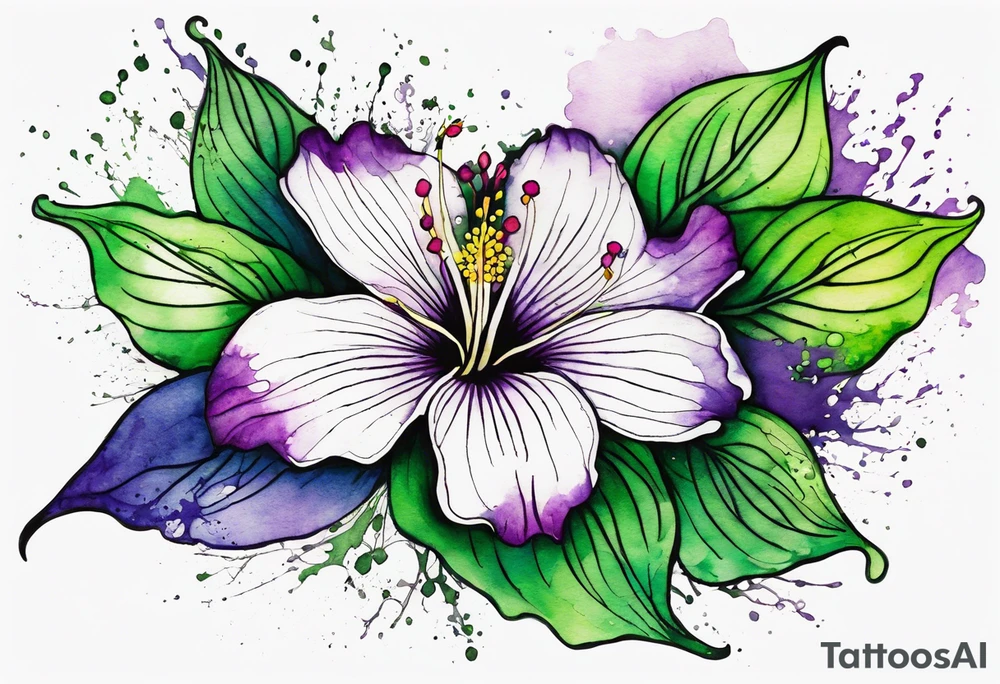An outline of a rio dipladenia flower with a green and purple watercolor splash in the background tattoo idea