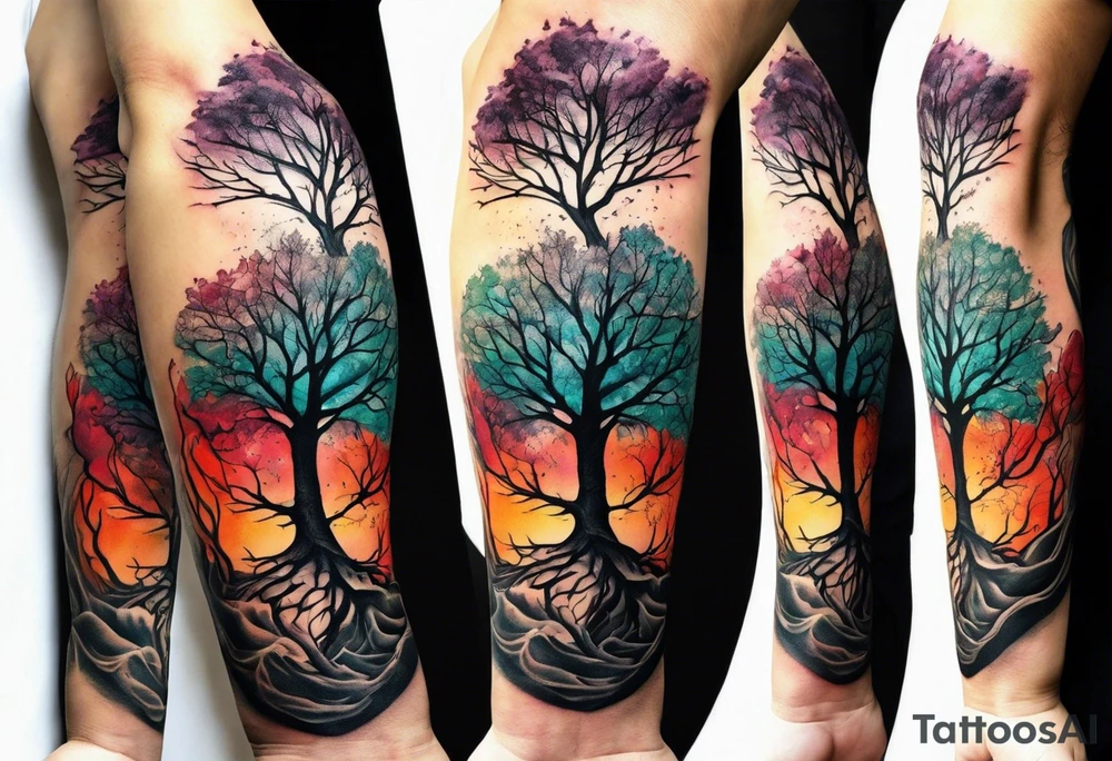 Tree roots wrapping around wrist leading to tree around forearm tattoo idea