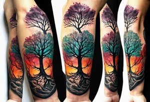 Tree roots wrapping around wrist leading to tree around forearm tattoo idea