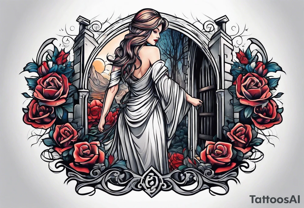 Woman walking out of a graveyard tattoo idea