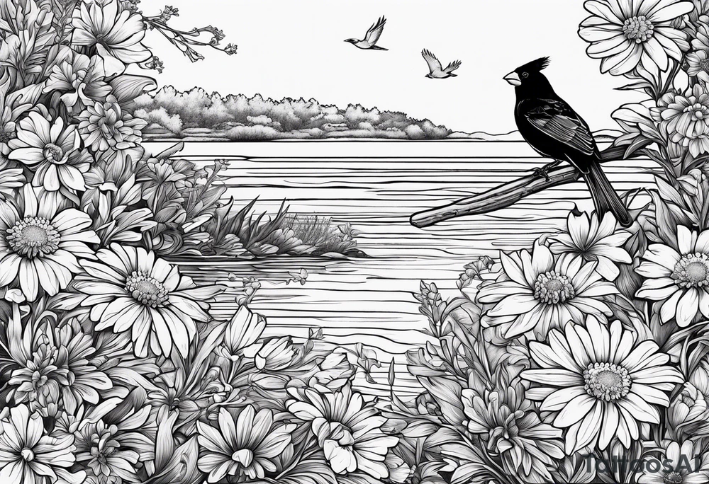 Aster flowers and sea rocket flowers with a cardinal around the words Dad on a small lake tattoo idea