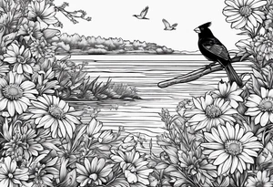 Aster flowers and sea rocket flowers with a cardinal around the words Dad on a small lake tattoo idea