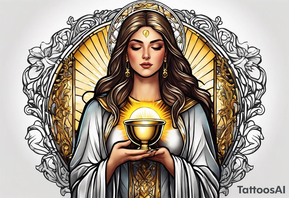 holy saint woman turned away with golden halo holding a chalice tattoo idea