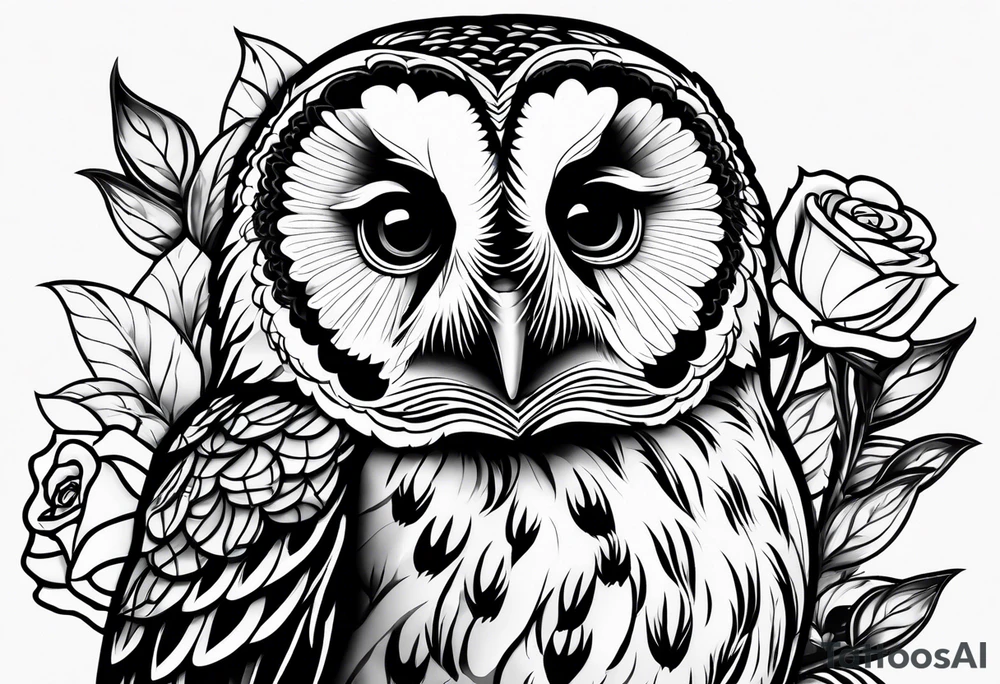 Barred owl with a single rose tattoo idea